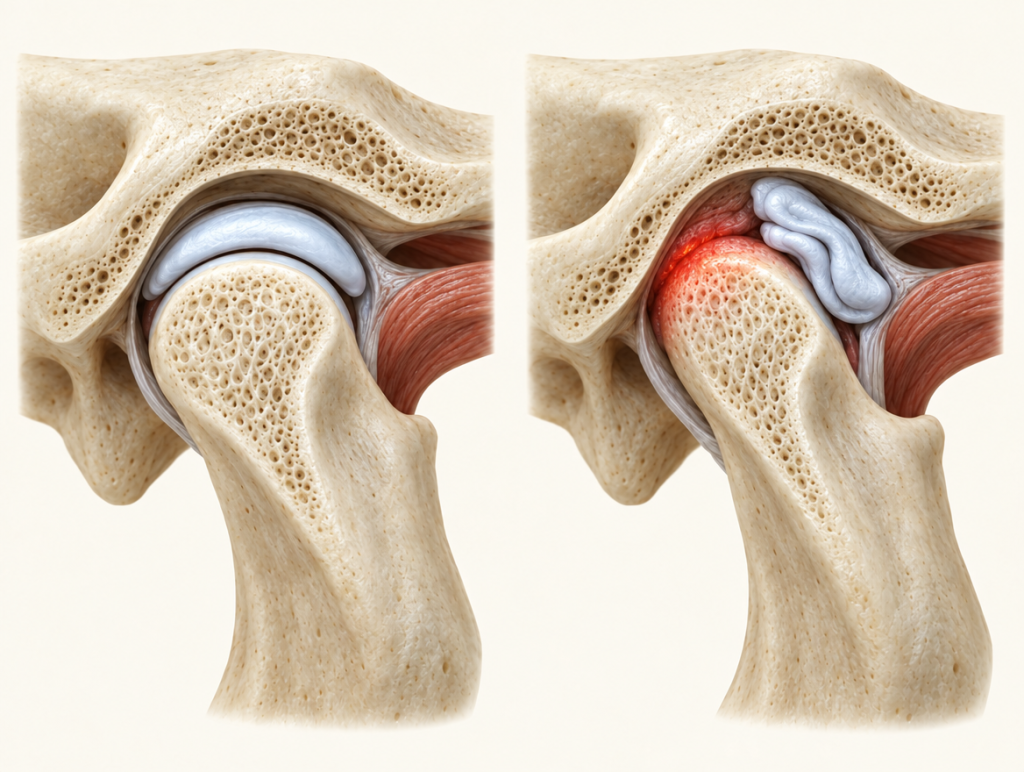 Comparación de la articulación temporomandibular con el disco en posición normal y con el disco desplazado hacia adelante