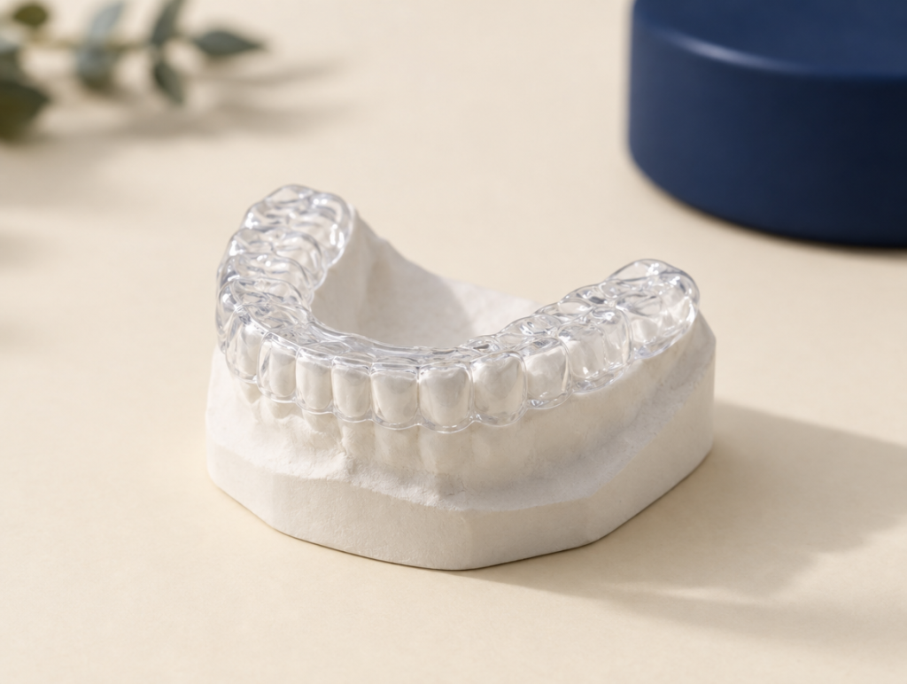 Férula de descarga transparente sobre un modelo dental, primera etapa del tratamiento del dolor de mandíbula