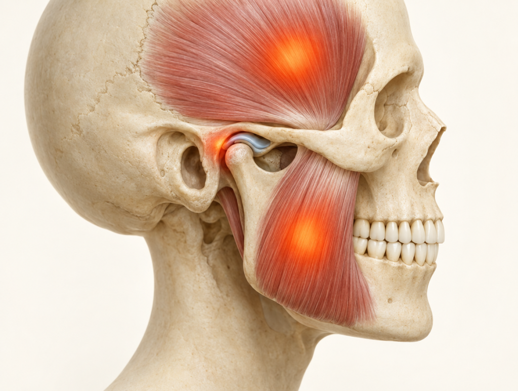 Ilustración de la articulación temporomandibular con las zonas donde duele: delante del oído, mejilla y sien